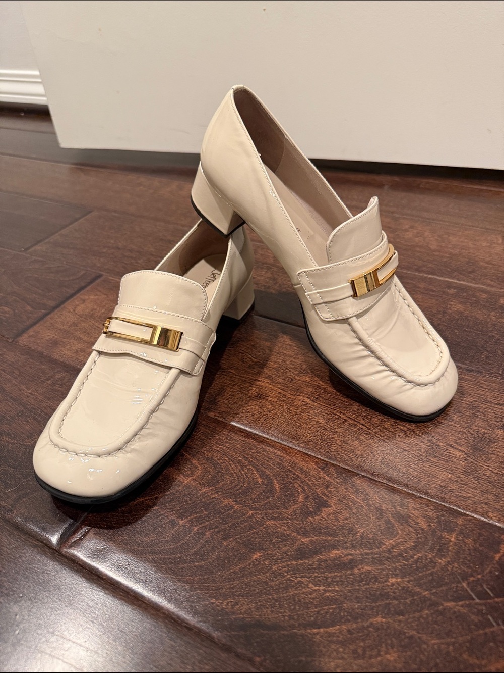 Jeffrey Campbell Cream Patent Loafers with Gold Detail